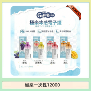 【8種口味】極楽 12000口一次性電子煙|超大容量 |口感絲滑|新品